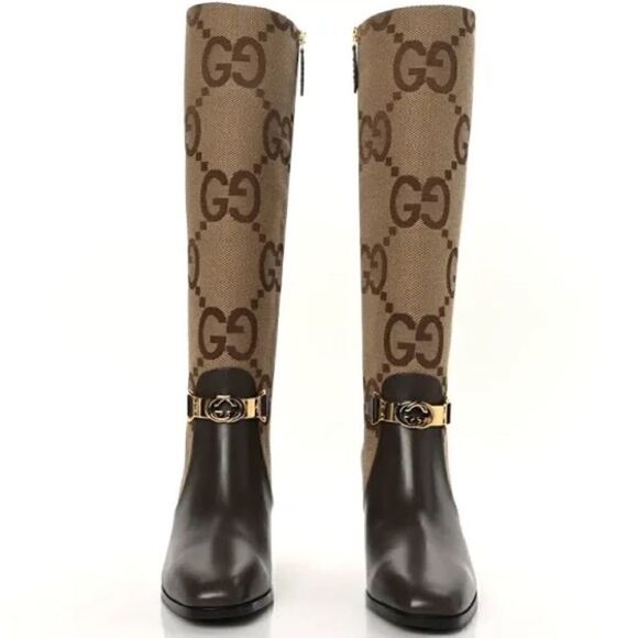 GUCCI
Monogram Jumbo GG Calfskin Interlocking G Anna Boots Camel Ebony - Picture 2 of 9